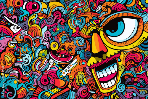 Colorful psychedelic doodle with eye and skull