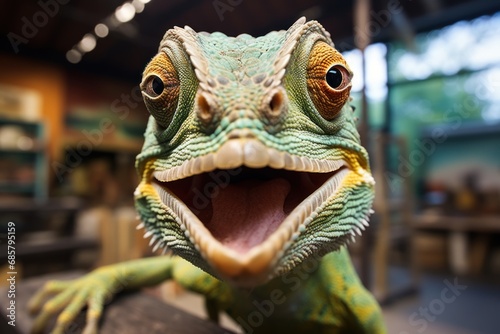 Close-up of funny faces of a chameleon looking at the camera photo