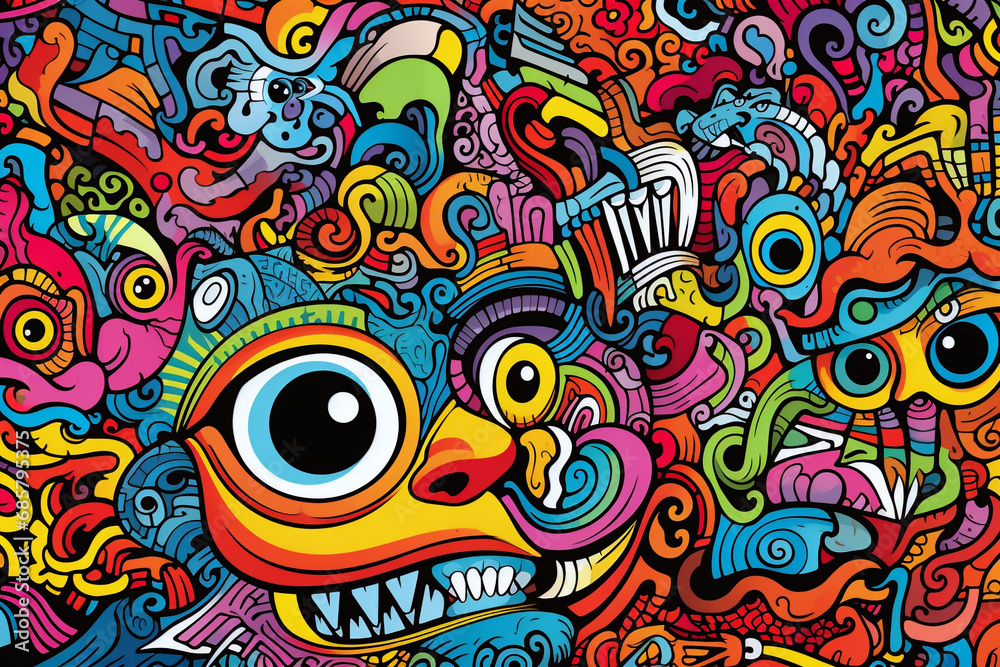 Psychedelic doodle art with colorful creatures