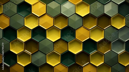 A symmetrical arrangement of hexagonal tiles in shades of green and yellow  forming a pattern