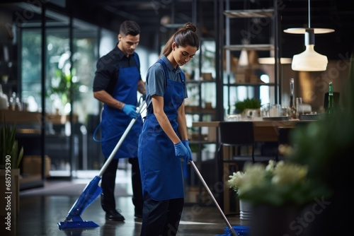 Cleaning company workers in blue jumpsuits clean new epoxy floors in an empty warehouse.