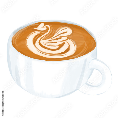 A hand drawn of coffee with latte art in white cup