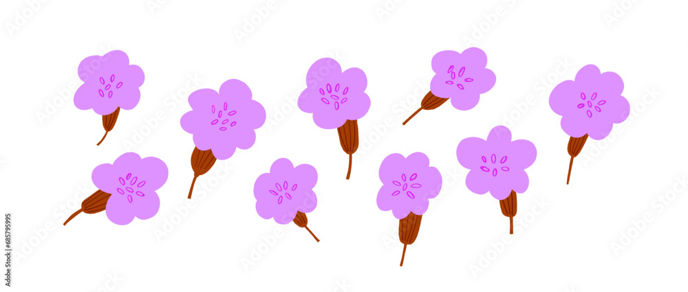 Vector set of spring pink flowers isolated on white. Vector illustration