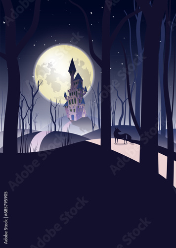 Night landscape with a glimpse of a cursed castle from within a haunting forest (vector image in portrait format)