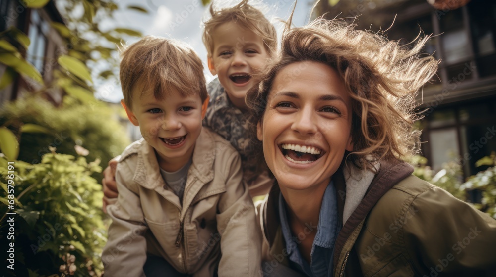 Happy mother having fun with her two sons playing outdoor Happy mother having fun with her two sons playing outdoor