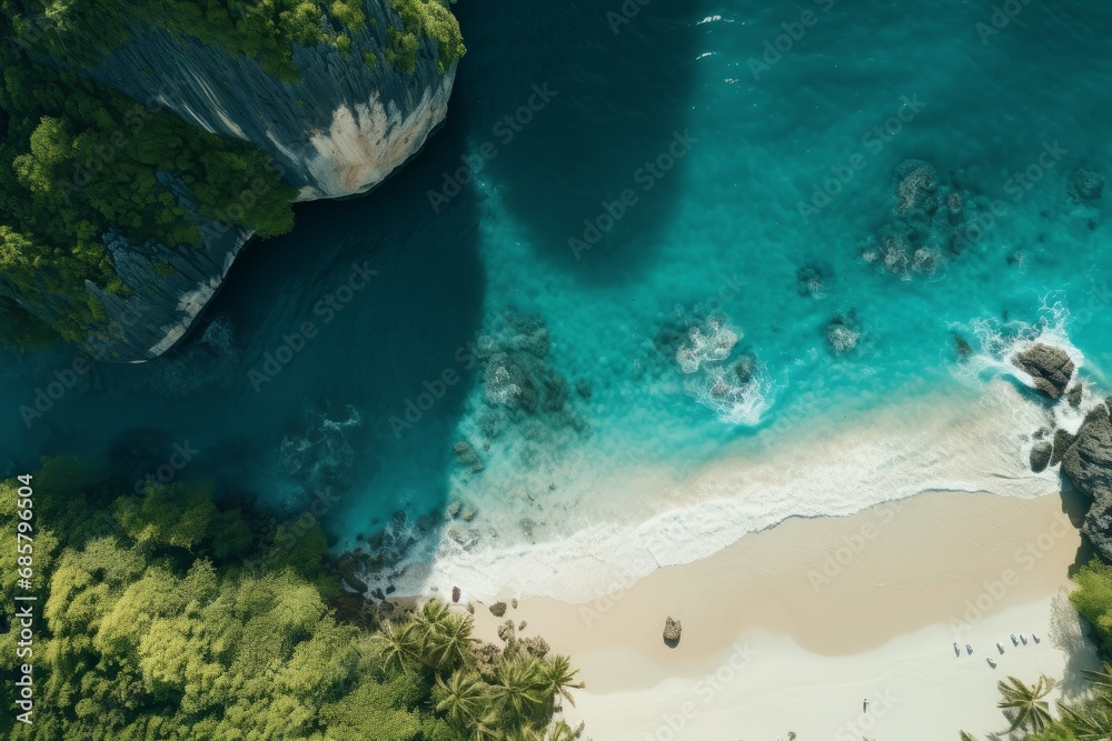 an aerial photograph with the camera pointing straight down at the Phuket, Railay beach, a beautiful sea-surrounded landscape in noon light, cinematic lighting,