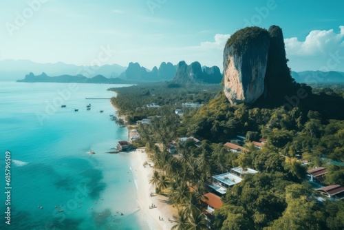 an aerial photograph with the camera pointing straight down at the Phuket, Railay beach, a beautiful sea-surrounded landscape in noon light, cinematic lighting,