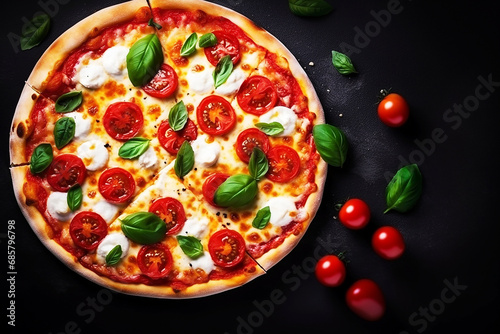Pizza cheez tomatoes, mozzarella and basil,on black stone background