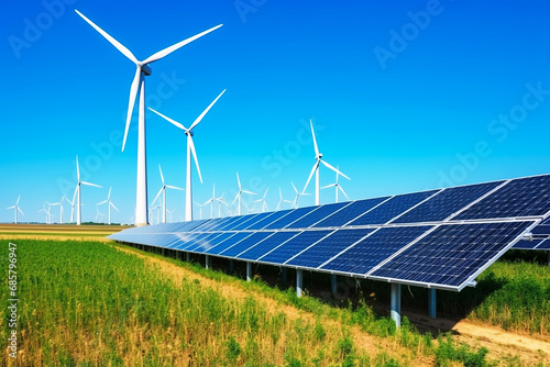Solar panels and wind turbines with green field on sunny day