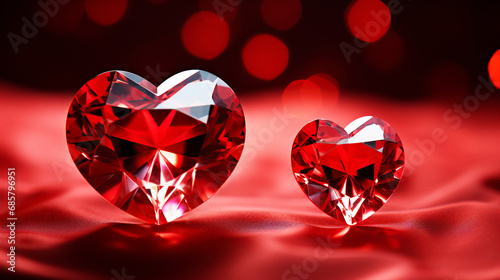 Two Crystal red hearts, symbol of love festive minimalistic background, copy space. Diamond Decoration Valentine's Day