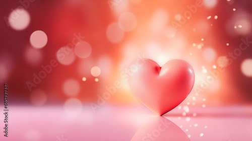 A shiny pink heart on a pink and orange bokeh background with bokeh lights scattered throughout. Dreamy and romantic feel. St. Valentine's day background.