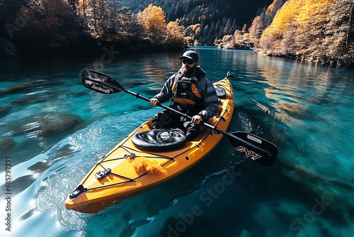Aerial view man kayaking on the river with mountain view photo