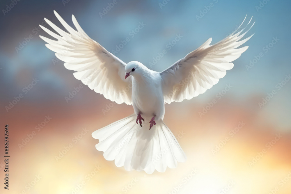 Fototapeta premium A white pigeon flies in the sky. Dove of peace. AI generative
