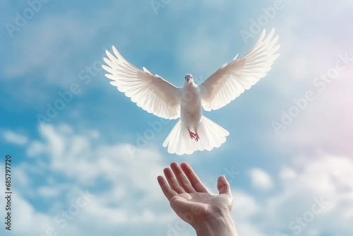 A white pigeon flies in the sky and human hand. Dove of peace. AI generative photo