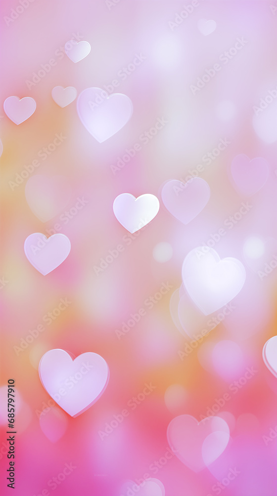 St. Valentine's day background - a collection of red and pink hearts of varying sizes and shades, floating on a blurred, with bokeh effect background. Dreamy and romantic feel.	
