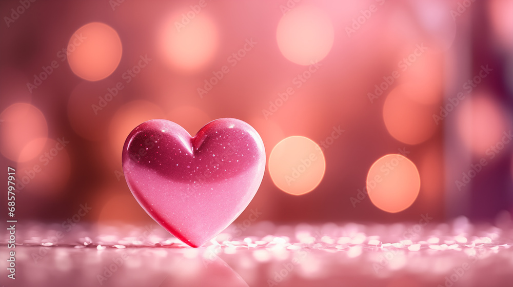 A shiny pink heart on a pink and orange bokeh background with bokeh lights scattered throughout. Dreamy and romantic feel. St. Valentine's day background. - obrazy, fototapety, plakaty 