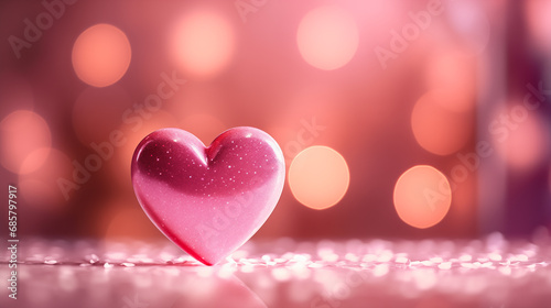 A shiny pink heart on a pink and orange bokeh background with bokeh lights scattered throughout. Dreamy and romantic feel. St. Valentine's day background. photo