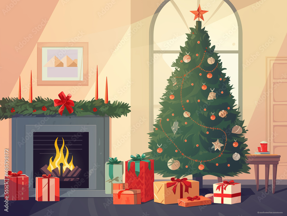 Obraz premium Christmas interior, glowing Christmas tree, fireplace, gifts in beautiful boxes. Christmas atmosphere in 2d cartoon style.