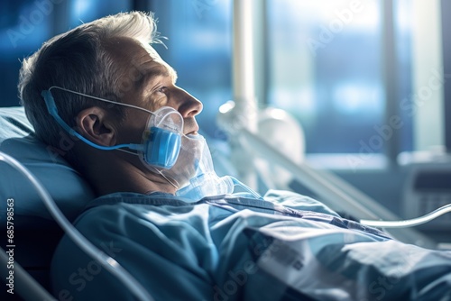 Nurse fitting oxygen mask on patient in hospital bed