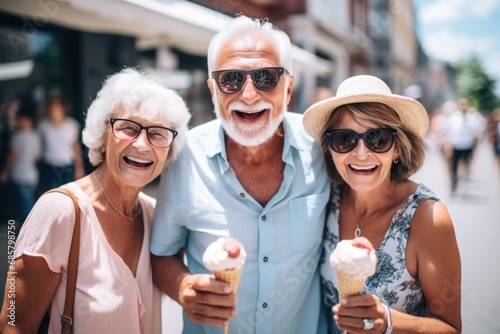 Three senior friends in the city, eating ice cream on a hot summer day.