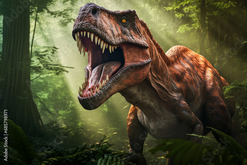 Tyrannosaurus rex roaring in a prehistoric forest with ferns and sunlight © Dmitry Rukhlenko