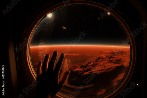 Mars landscape seen through spaceship window illuminator with astronaut hand touching the glass. Concept of extraterrestrial journey space exploration, conveys sense of otherworldly beauty and wonder