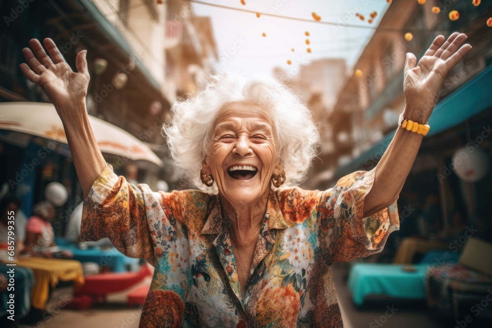 A happy elderly woman raises her hands to her waist. - obrazy, fototapety, plakaty 