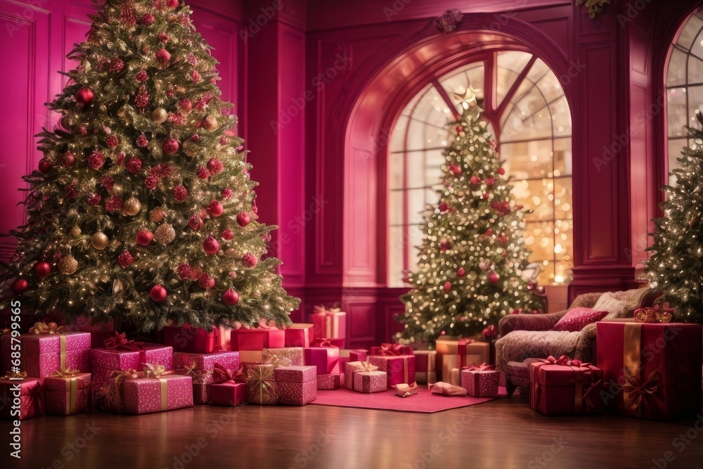Christmas in a warm and cozy home. The purple living room is beautifully decorated with Christmas trees, garlands and gifts, radiating festive cheer and creating the perfect atmosphere for Christmas.