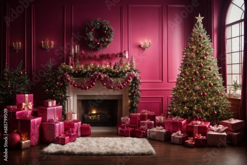 Christmas in a warm and cozy home. The purple living room is beautifully decorated with Christmas trees, garlands and gifts, radiating festive cheer and creating the perfect atmosphere for Christmas. © sebas