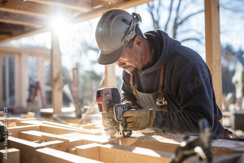 Workers use drills to construct a wooden frame house.