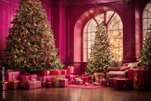 Christmas in a warm and cozy home. The purple living room is beautifully decorated with Christmas trees, garlands and gifts, radiating festive cheer and creating the perfect atmosphere for Christmas. © sebas