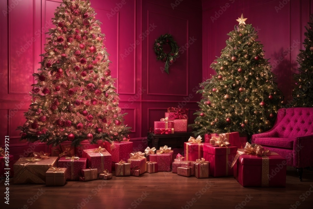 Christmas in a warm and cozy home. The purple living room is beautifully decorated with Christmas trees, garlands and gifts, radiating festive cheer and creating the perfect atmosphere for Christmas.