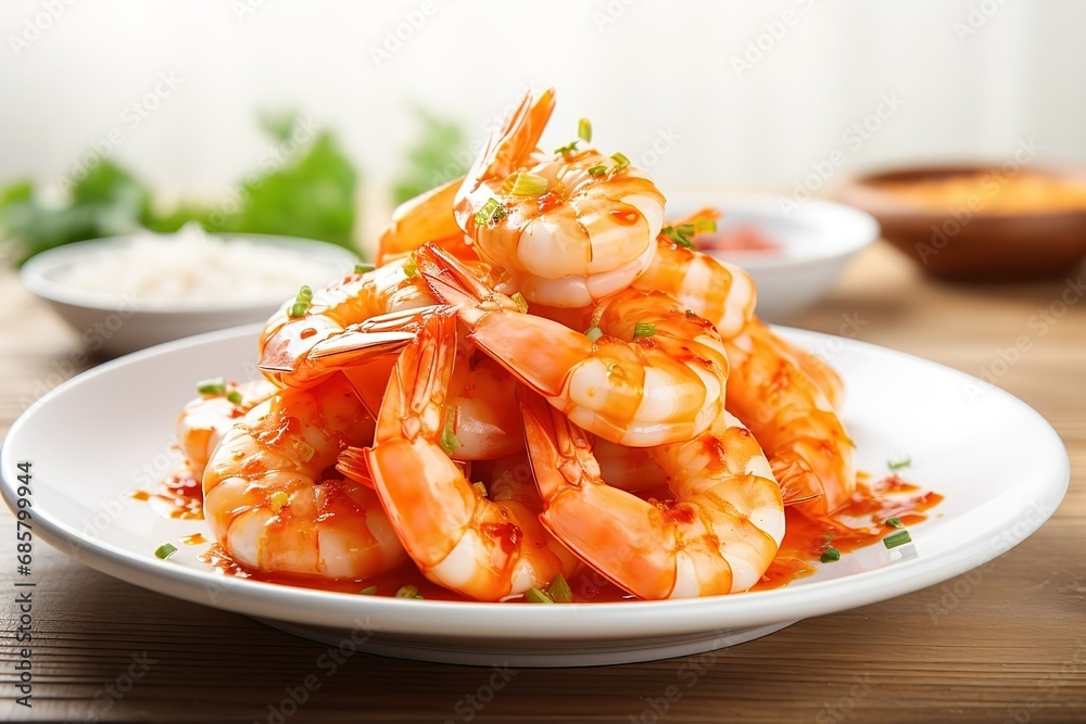 a plate of shrimp with a spicy sauce a plate of shrimp with a spicy sauce