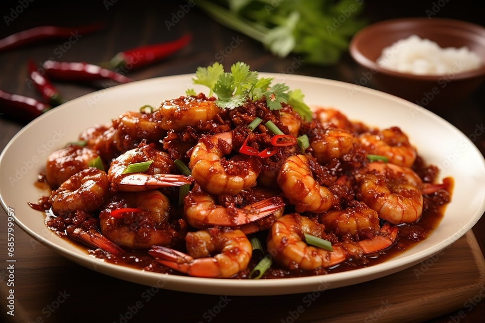a white plate full of shrimp with sauce and ingredients a white plate full of shrimp with sauce and ingredients