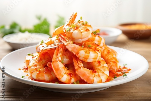 a plate of shrimp with a spicy sauce photo