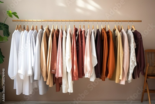 wardrobe with clothes on hangers, multiple shirts hanging on the rack