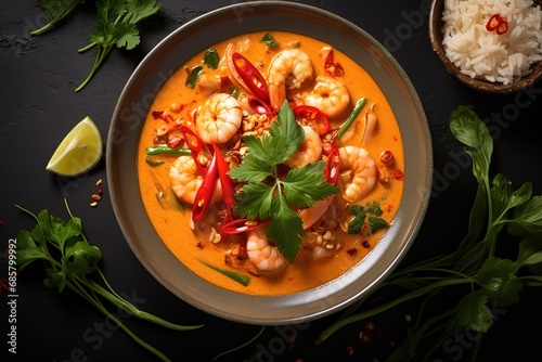 Thai curry with shrimp on a black background