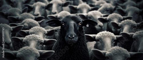 black sheep in a large group of white sheep concept of nonconformity photo