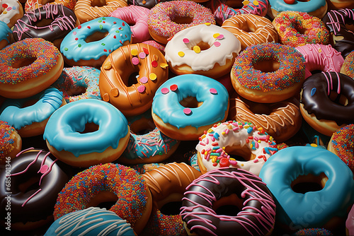 A vibrant assortment of sugary donuts covered in colorful sprinkles.