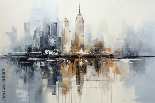 Abstract city skyline with reflection in water in sepia tones