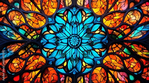 A close-up of a stained glass window with intricate, kaleidoscopic patterns in vivid colors