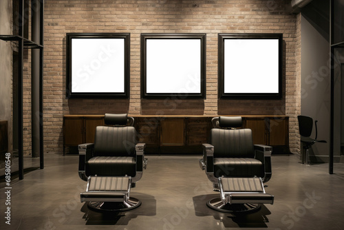 Barber Shop Seating. Contemporary Chairs for a Sleek and Professional Grooming Experience. Three paintings mockups
