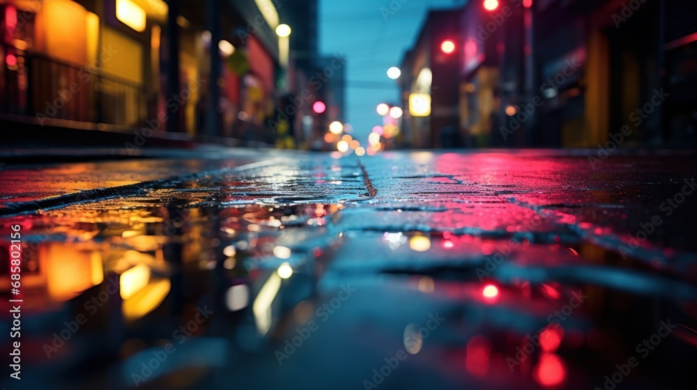 a wet city street at night with lights reflecting off of the wet ...