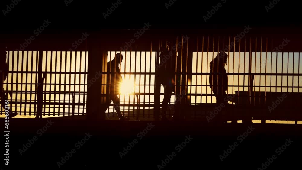 Silhouettes of passengers going in airport in front of sunset