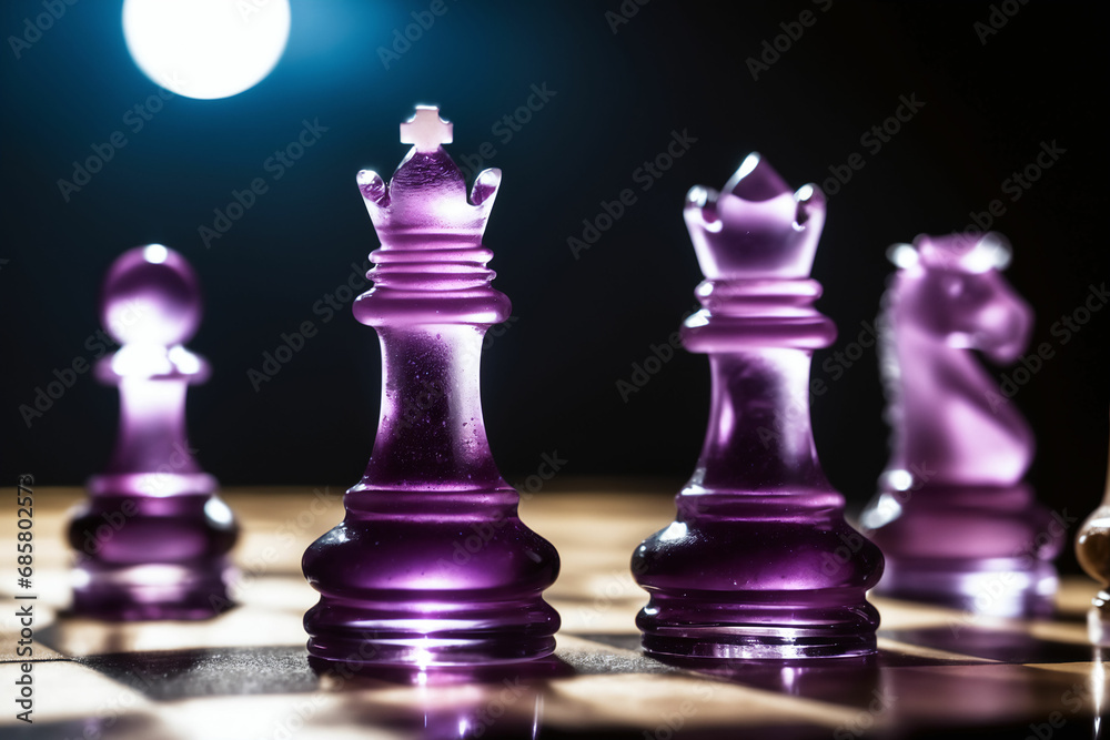 purple violet amethyst transparent crystal chess pieces on blurred bokeh background