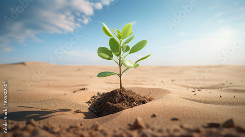 One green plant growing among the empty desert