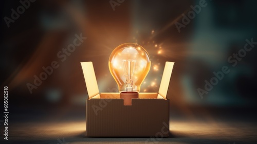 Think outside the box background with light bulb and box. Finding solution, idea, business concept photo