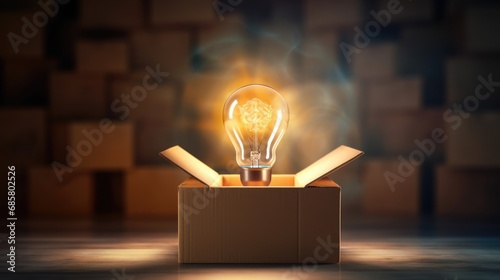 Think outside the box background with light bulb and box. Finding solution, idea, business concept photo