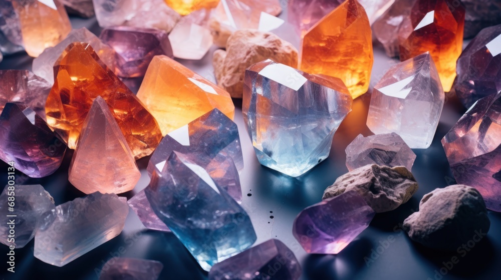 a bunch of different colored rocks sitting on top of a black surface ...