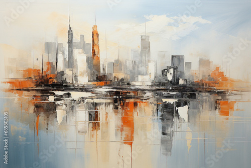 Modern city skyline in orange and blue tones with water reflections